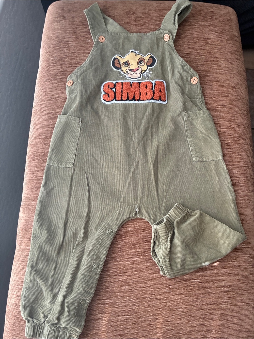Disney Olive Green Simba Overalls with Orange Applique